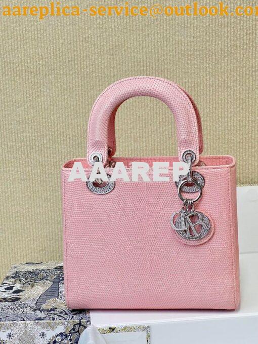 Replica Dior Lizard Leather Small Lady Dior Bag in Rose Sakura with Cr