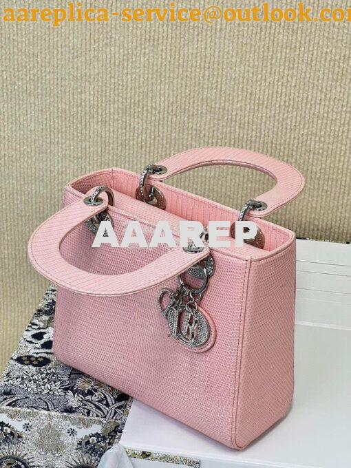 Replica Dior Lizard Leather Small Lady Dior Bag in Rose Sakura with Cr 4