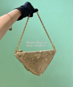 Replica Prada Triangle Satin Mini-bag With Crystals 1BC190 Gold 2