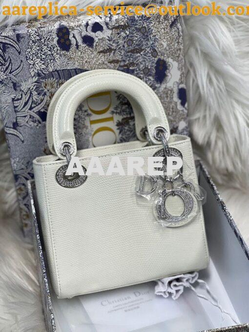 Replica Dior Lizard Leather Mini Lady Dior Bag with Crystals in White