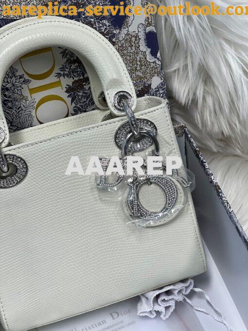 Replica Dior Lizard Leather Mini Lady Dior Bag with Crystals in White 2