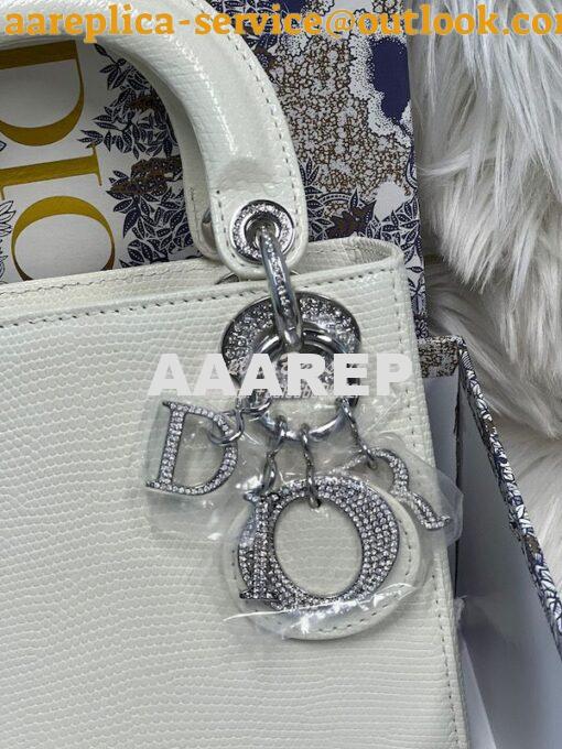 Replica Dior Lizard Leather Mini Lady Dior Bag with Crystals in White 3