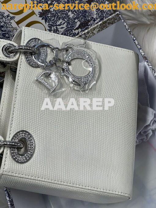 Replica Dior Lizard Leather Mini Lady Dior Bag with Crystals in White 4