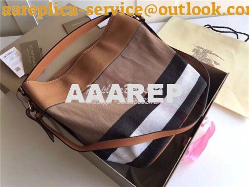 Replica Burberry Ashby Medium Canvas Check & brown Leather Bucket Bag 8