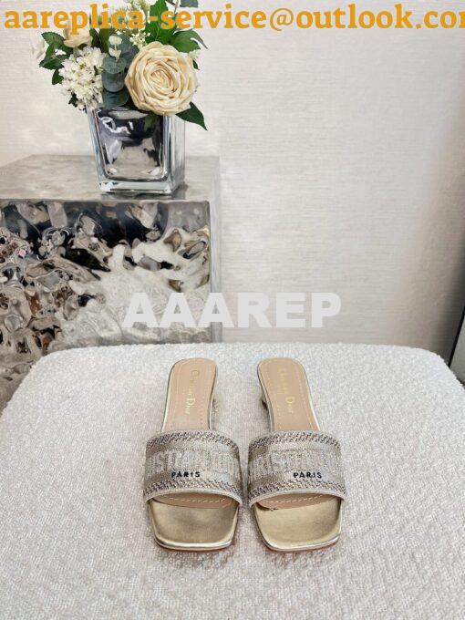 Replica Dior DWAY Heeled Slide Gold Cotton Embroidered With Metallic T