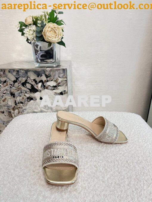 Replica Dior DWAY Heeled Slide Gold Cotton Embroidered With Metallic T 2