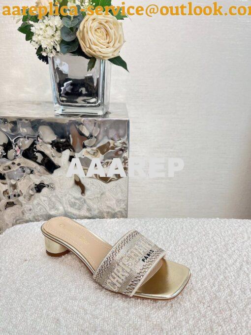 Replica Dior DWAY Heeled Slide Gold Cotton Embroidered With Metallic T 4