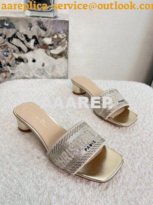 Replica Dior DWAY Heeled Slide Gold Cotton Embroidered With Metallic T 7