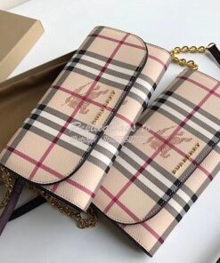 Replica Burberry Burgundy Leather Trim Haymarket Check Wallet with Cha