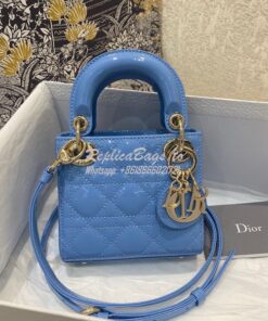 Replica Micro Lady Dior Bag Cornflower Blue Patent Cannage Calfskin S0
