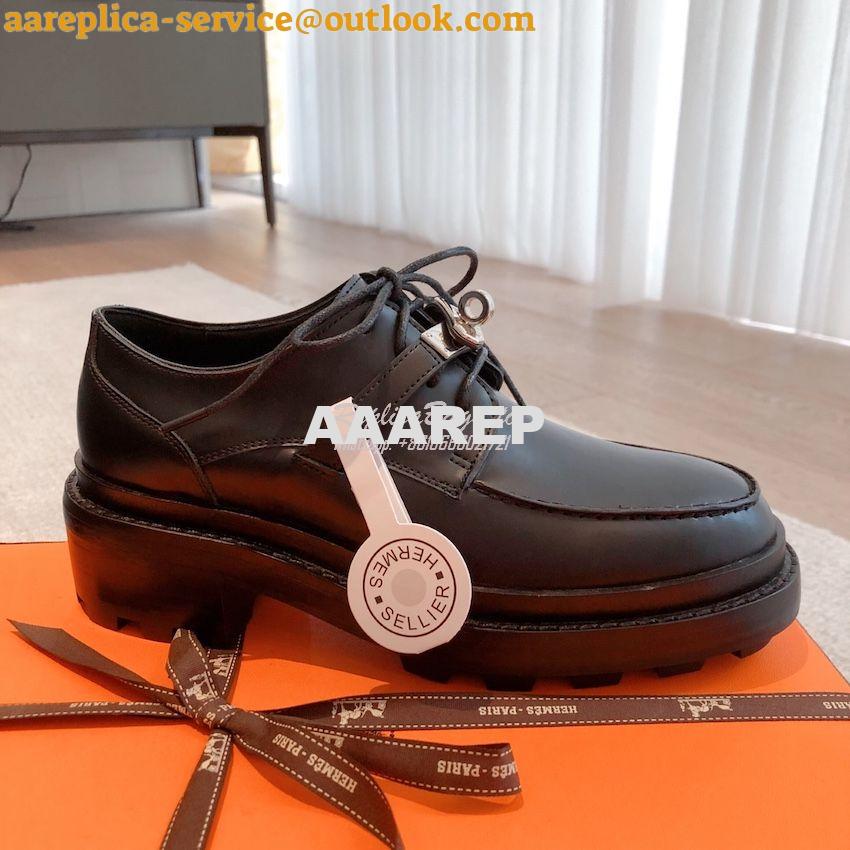 Replica Hermes First Oxford Shoes Glazed Calfskin H222071Z Black 2 Replica Hermes First Oxford Shoes Glazed Calfskin H222071Z Black 2