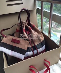 Replica Burberry Medium Canvas Check and Leather Bucket Bag in wine re