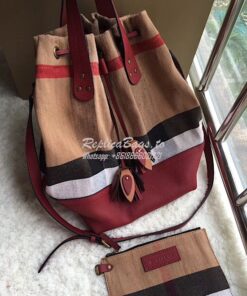 Replica Burberry Medium Canvas Check and Leather Bucket Bag in wine re 2