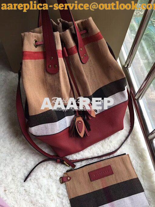 Replica Burberry Medium Canvas Check and Leather Bucket Bag in wine re 2