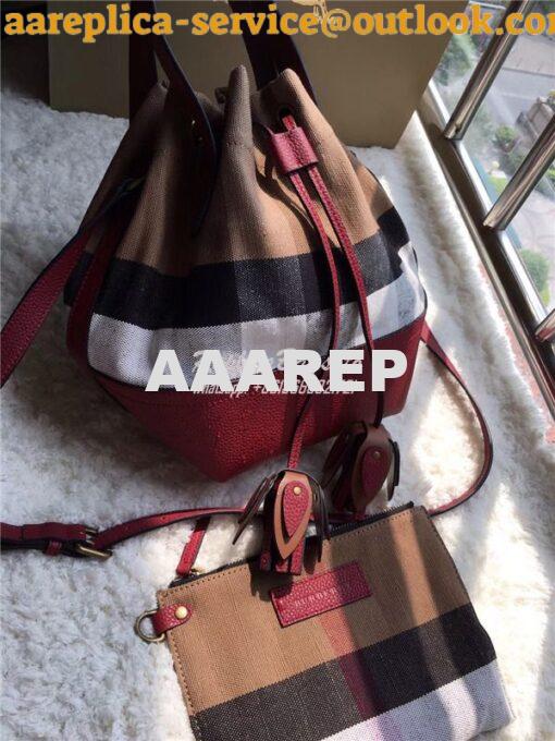 Replica Burberry Medium Canvas Check and Leather Bucket Bag in wine re 11