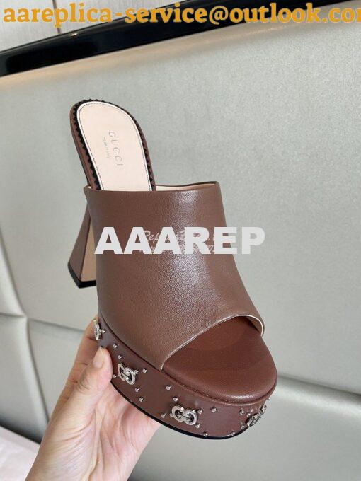 Replica Gucci Interlocking G Platform Slide Leather Sandal 740426 Brow 4
