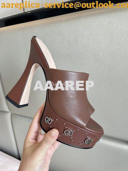 Replica Gucci Interlocking G Platform Slide Leather Sandal 740426 Brow 8