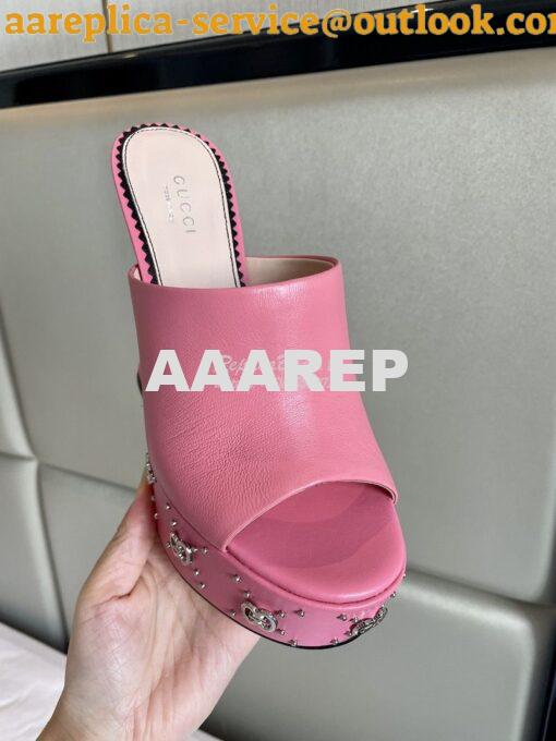 Replica Gucci Interlocking G Platform Slide Leather Sandal 740426 Pink 5