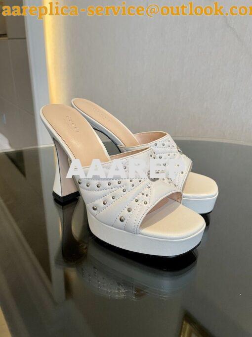 Replica Gucci Platform Slide Leather Sandal with Studs 740425 White 3