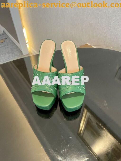 Replica Gucci Platform Slide Leather Sandal with Studs 740425 Green