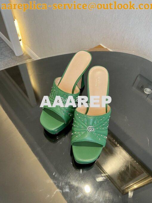 Replica Gucci Platform Slide Leather Sandal with Studs 740425 Green 3