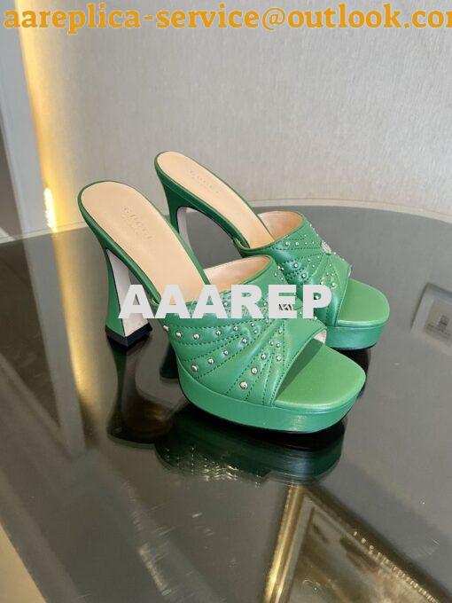 Replica Gucci Platform Slide Leather Sandal with Studs 740425 Green 6