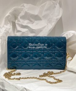 Replica Lady Dior Clutch With Chain in Patent Calfskin S0204 Ocean Blu