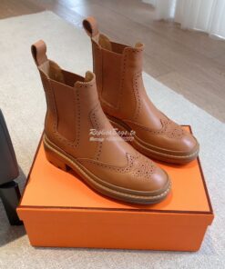Replica Hermes Findlay Ankle Boot in Glossed Calfskin With Thick Sole