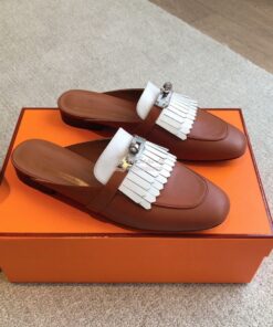 Replica Hermes OZ Mule in fringed calfskin H241068Z Gold / Blanc
