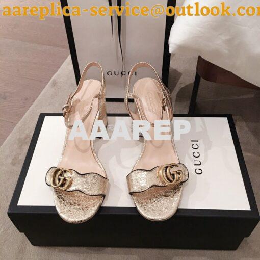 Replica Gucci Leather Mid-Heel Sandal 453379 Metallic Gold 2