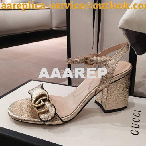 Replica Gucci Leather Mid-Heel Sandal 453379 Metallic Gold 5