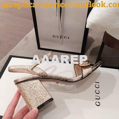 Replica Gucci Leather Mid-Heel Sandal 453379 Metallic Gold 6