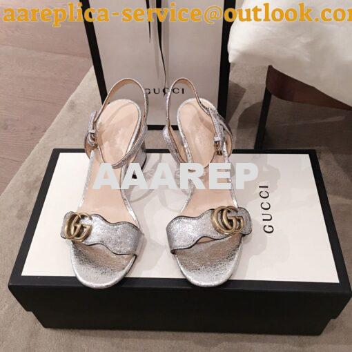 Replica Gucci Leather Mid-Heel Sandal 453379 Metallic Silver 2