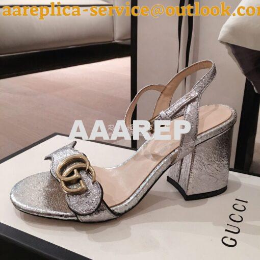 Replica Gucci Leather Mid-Heel Sandal 453379 Metallic Silver 4
