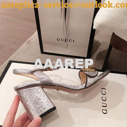 Replica Gucci Leather Mid-Heel Sandal 453379 Metallic Silver 5