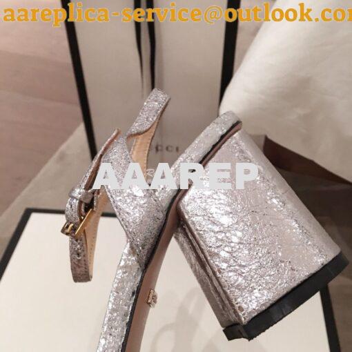 Replica Gucci Leather Mid-Heel Sandal 453379 Metallic Silver 6