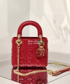 Replica Lady Dior Mini Dioramour Bag Red Cannage Lambskin with Heart M