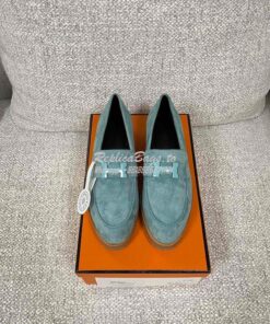 Replica Hermes Faubourg loafer in Suede Goatskin H222252Z Bleu Pinède