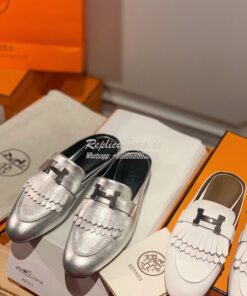 Replica Hermes Rivoli Mule in Metallic Goatskin H181067Z Gris Argenté