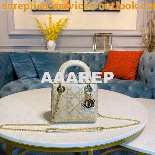 Replica Dior Mini Lady Dior Bag Metallic Calfskin with Platinum Beaded