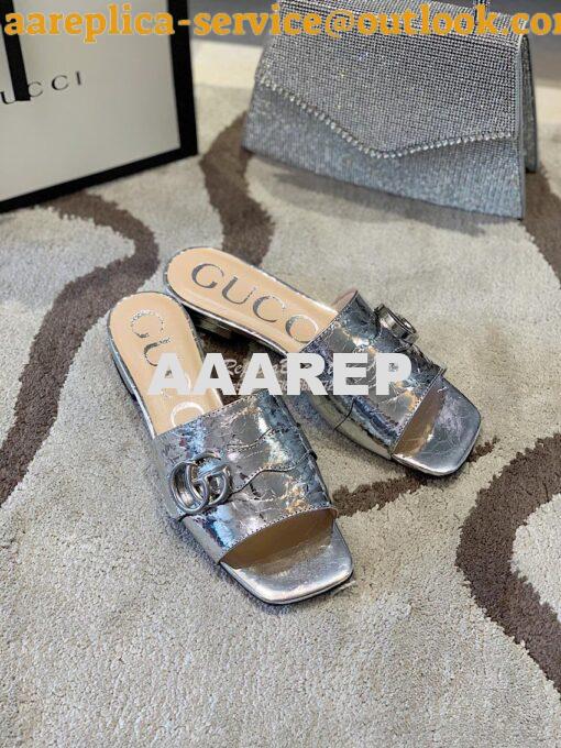 Replica Gucci Women's Slide With Double G 626742 Silver Metallic Lamin 4
