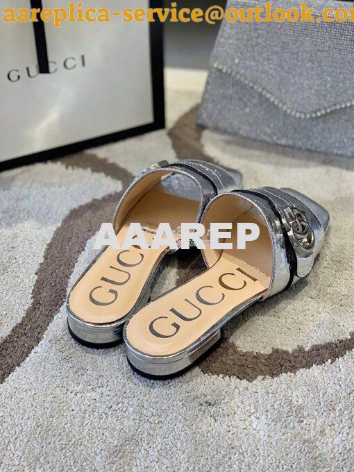 Replica Gucci Women's Slide With Double G 626742 Silver Metallic Lamin 5