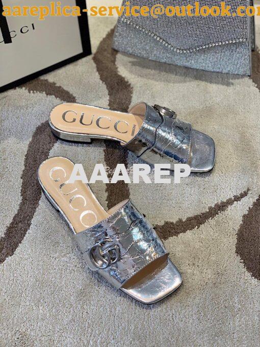 Replica Gucci Women's Slide With Double G 626742 Silver Metallic Lamin 7