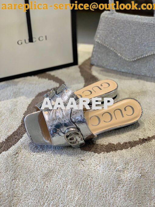 Replica Gucci Women's Slide With Double G 626742 Silver Metallic Lamin 8