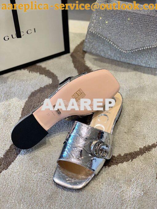 Replica Gucci Women's Slide With Double G 626742 Silver Metallic Lamin 10