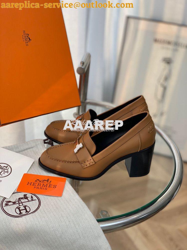 Replica Hermes Dauphine 70 Loafer High Heel in Goatskin H212091Z Brown 3 Replica Hermes Dauphine 70 Loafer High Heel in Goatskin H212091Z Brown 3