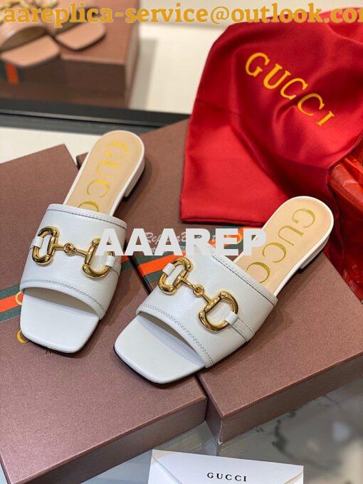 Replica Gucci Women's Leather Slide Sandal w Horsebit 623111 White 4