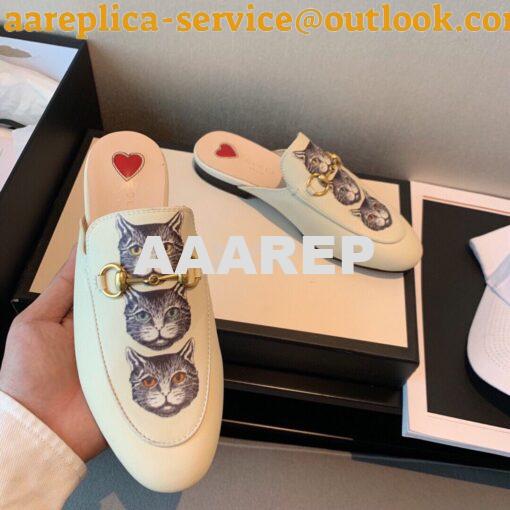 Replica Gucci Princetown Leather Slipper 505268 White with Kitty Print 4
