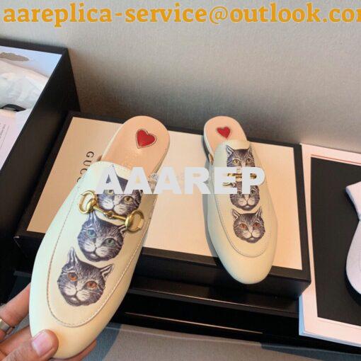 Replica Gucci Princetown Leather Slipper 505268 White with Kitty Print 5