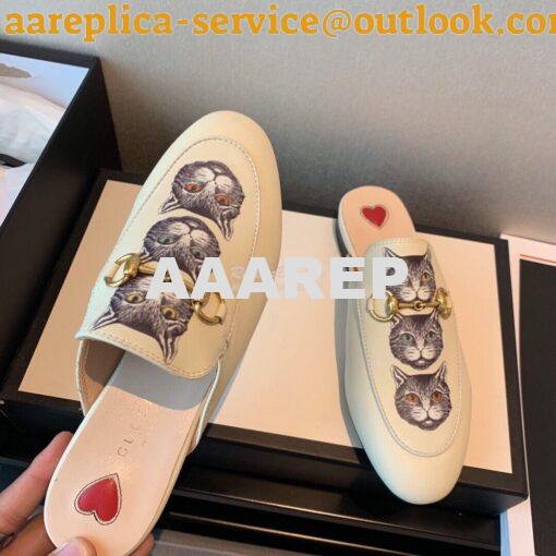 Replica Gucci Princetown Leather Slipper 505268 White with Kitty Print 7
